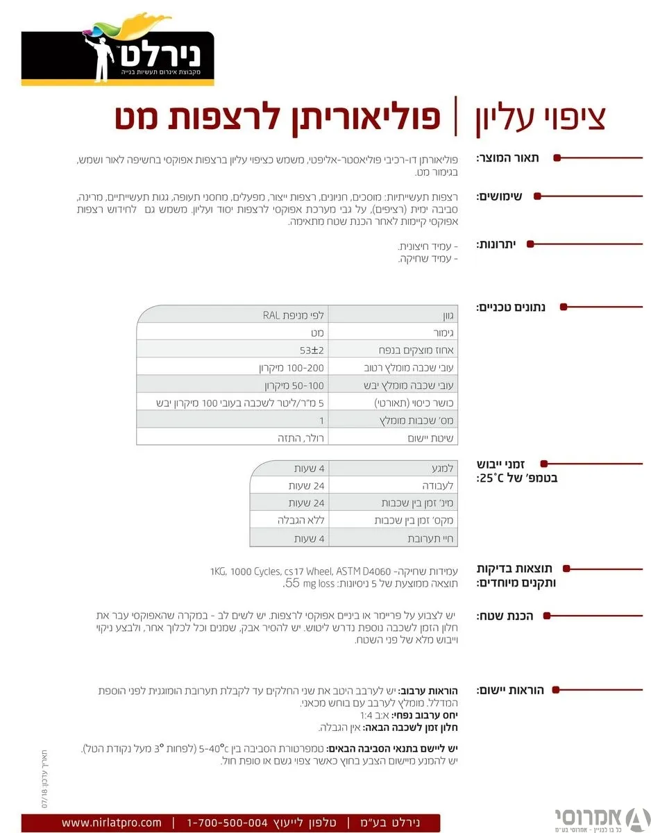 צבע פוליאוריתני מט לרצפות ומשטחי בטון א+ב [גלון] בגווני RAL 2