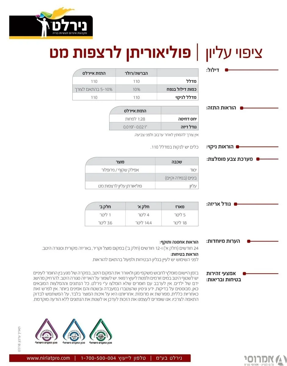 צבע פוליאוריתני מט לרצפות ומשטחי בטון א+ב [גלון] בגווני RAL