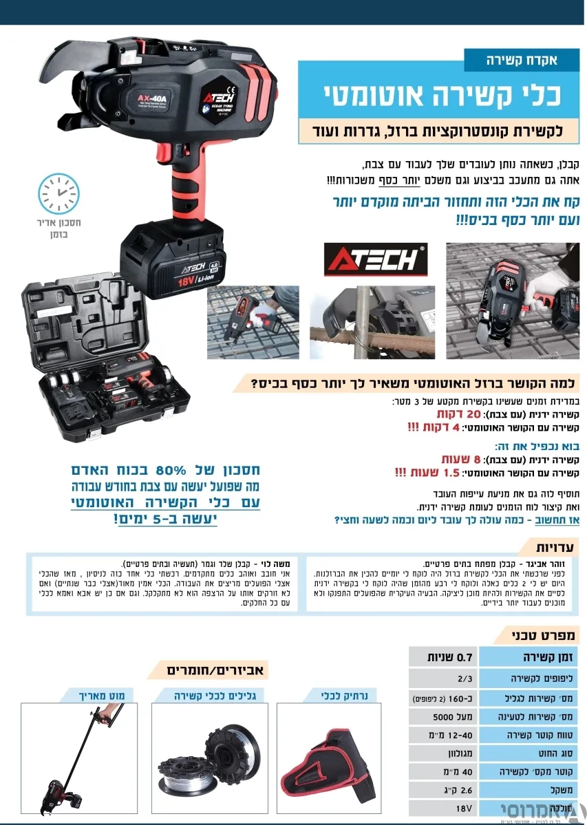 אקדח/מכונה לקשירת חוטי ברזל 18V,מגיע במזוודה עם 4 גלילי קשירה,2 סוללות ליתיום 4A ומטען