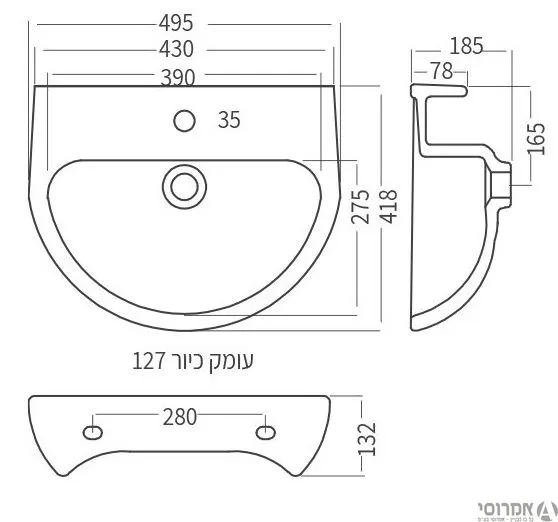 קע.רחצה חרסה 51 פלמה לבן ללא חור -(מידות 495*420*185) משקל 10 ק"ג 2
