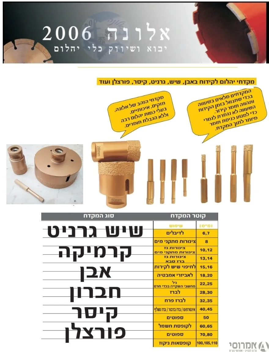 מקדח כוס יהלום ק.6 מ"מ לקרמיקה/פורצלן/קיסר/שיש